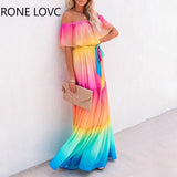 Women Off Shoulder Gradient Color Ruffles Maxi Dress Elegant Fashion Chic
