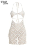 Knitted Hollow Halter Backless Mini Dresses Women Sleeveless See Through Lace Up Hip Skirts Vacation Beach