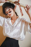 Butterfly Embroidery Blouse Summer Button Down Shirt For Women Purple White Satin Shirt Korean Glitter Blouse