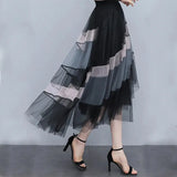 Y2K Patchwork Tulle Skirts Women High Waist Irregular Mesh A Line Midi Skirt Korean Elegant Asymmetrical Pleated