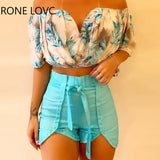 Women Off Shoulder Leaf Print Ruched Top & Beaded Shorts Set Casual 2 Pieces