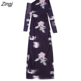 Women Sexy Single Shoulder Floral Print Mesh Slim Midi Dress Female Chic Side Zipper Pleats Asymmetrical Vestidos