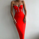 Strapless Women Dress Bandage Bodycon 2021 New Elegant Beading Party Evening Club Midi Dresses Summer Autumn