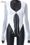 Women Summer Mesh Sheer T-shirts Tops Sexy V-neck Front Tie-Up T-shirts Female Flare Long Sleeve Tees Shirts
