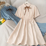 Women Chiffon Bow Solid High Waist Turn-down Collar Preppy Style Kawaii Ulzzang Popular Temperament Girls Summer