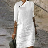 Solid Pullover Dresses Spring Cotton Linen Loose Medium Length Dress Retro Button Stand Collar Half Sleeve Commuter