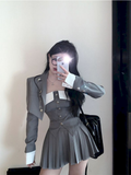 2023 Spring Preppy Style Pleated Casual A-line Skirt Women + Irregular Patchwork Slim Camisole + Jacket Three-piece