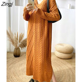 2021 Fashion Autumn Winter Knitted Long Dress Women Korean Style Striped V Neck Loose Thick Warm Long Sleeve