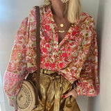 Fashion Flower Print Long Sleeve Beach Shirt New Spring V Neck Loose Bohe Top Pullover Office Lady Button Casual