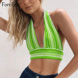 Deep V Neck Knit Crop Top Y2k Women Blue Backless Off Shoulder Summer Beach Halter Neck Bandage Sexy Top