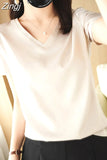 Summer Satin T Shirt Women Slim Tops Short Sleeve Tee Shirts 2023 O Neck Basic Silk T Shirts White Women's T-shirt