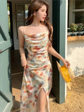 Women Spaghetti Strap Skinny Backless Holiday Beach Boho Dress Sexy Elegant Vestidos Print Floral Split Party