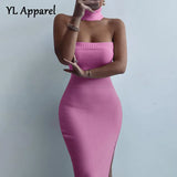 Dresses Woman 2022 Elegant Halter Turtleneck Off Shoulder Bodycon Hollow Out Backless High Split Mid-calf Party