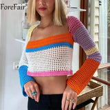 Autumn Long Sleeve Knitted Crop Top Summer Fashion 2021 Beach Patchwork Fashion Vintage Casual Sexy Green T