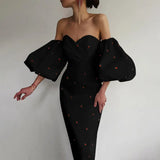 Women's Dress Sexy Strapless Lantern Sleeve Strawberry Pattern Print Off Shoulder Midi Formal Evening Party Dress