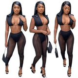 Women 2 Piece Set Mesh Patchwork Pencil Pants Solid Sleeveless Crop Top 2022 Sexy Night Club Party Style Female