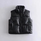 Streetwear Women Puffy Vest Winter Thick Parkas Jacket Black PU Female Coats Faux Leather Down Waistcoat Loose Lady