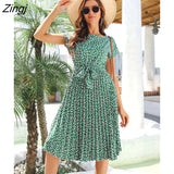 Floral Print Pleated Dresses Women Summer Dress YEMOGGY 2022 New Slim Casual High Waist Lace Up Midi Short Sleeve