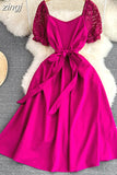 Vintage Women Lace Patchwork Midi Dress Elegant Square Collar Short Puff Sleeve Big Swing Casual Vestidos Female 2023