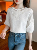 Embroidered Cotton Women's Blouse O Neck Short Sleeve Loose White Tops Summer Flowers Chiffon Shirts Fashion Blusas