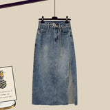 Outfits For Women 2023 Fashion Sling Vest+long Sleeve Sunscreen Shirt+side Split Denim Skirts Sets Korean 3 Piece