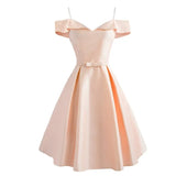 Spaghetti Strap Vintage Dress Light Blue Bow Front Solid Women Short Sleeve Elegant Ladies Formal Party Sling