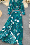 Chiffon Two Piece Set Women Autumn Bohemian Vacation Beach Short Tops And Ruffle Irregular Long Skirt Female Print Suit