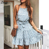 Women Summer Dress Sexy Spaghetti Strap for Women New Hanging Neck Strap Print Dress Female Floral Mini Beach Dress