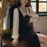 Fashion Chic Slim Puff Sleeve Single-breasted Split Dress Vintage Elegant