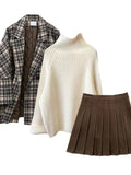 Winter Warm Clothes For Women French Vintage Notched V Neck Plaid Woolen Coats+knitted Sweater+pleated Skirts 3 Piece