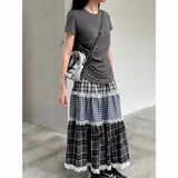 Patchwork Lace Plaid Maxi Skirt- Outfit