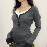 Contrast Color Breasted U Neck Long Sleeve Tee-Outfit