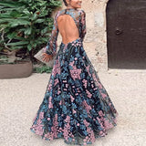 Queens Women Floral Print O-neck Backless Bohemian Maxi Dress Ladies Long Sleeve Irregular Boho Dresses