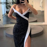 Women Elegant Glamourous Strapless Detail Sequins Patchwork Bodycon Maxi High Silt Sexy Formal Party