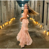 Pink Layered Ruffles Strapless Maxi Dress- Outfit