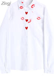 Early Autumn Ladies New Style Lip Print Heart Print Shirt Women Fashion Loose White Long Sleeved Temperament Button