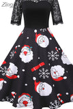 Christmas Dress Women 2023 New Short Sleeve Print High Waist Elegant Vintage Winter Xmas Party Sundress 3XL