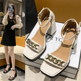 summer new one word with open toe thick heel sandals women's fashion temperament chain waterproof platform high