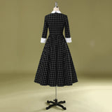 Sleeve Winter Black Plaid Vintage Tunic Dress Hepburn Gingham Retro Turn Down Collar Bowknot A Line Rockabilly Swing