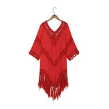 Queens Women Solid Half Sleeve Beach Tassel Loose Bohemian Mini Dress Ladies V-neck Boho Sundress