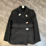 2022 Winter New Arrival Turn Down Collar Woolen Patchwork Square Buttons Blazer Women Black Cotton Coat