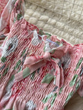 Women Floral Chiffon Two Piece Set Sexy Square Collar Short Puff Sleeve Tops + Ruffle Pleated Midi Skirt Beach 2Pcs