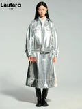 Spring Autumn Cool Silver Shiny Patent Faux Leather Jacket Women with Raglan Long Sleeve Luxury Designer Y2K