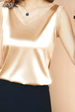 Silk Women Blouses Shirts Casual Women V-neck Embroidery Satin Blouse Tops Woman Elastic Lace Shirt Top Blusas