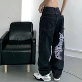 new letter embroidery jeans women's street retro wild oversized wide-leg pants lovers loose trend casual high-waist