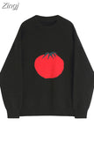 Women Chic Print Knitted Pullovers Sweaters O-Neck Warm Oversized Loose Casual Ins Cute Jumpers Harajuku Ladies Top