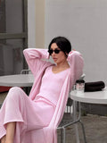 Hot Cotton Knitted Hollow Vest Long Dress + Long Sleeve Open Shirt Set Women's Soft Knitted