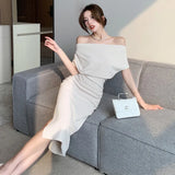 Temperament Celebrity Wind Sexy Strapless Oblique Collar Dress Female Spring and Summer Slim Open Package Hip Long