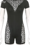 Ladies Mesh Sheer Splicing Slim Jumpsuits Summer Women Diamonds Plaid Rhinestones Short Sleeve O-neck Trousers