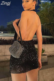 Women Winter 2023 New Y2K Hot Sexy&Club Solid Sequins Decoration Low Chest Lace Up Halter Neck Backless Chic Mini